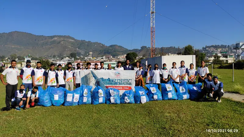 ICE volunteers with bags of collected waste after a cleanathon expedition in Pithoragarh